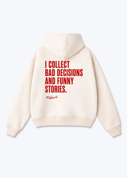 BAD DECISIONS & FUNNY STORIES - Oversized Hoodie - Beige Back (Designed)